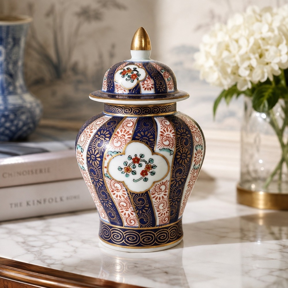 Gold Imari Hand Painted Porcelain Ginger Jar Blue Red Gold Floral 7" Lidded